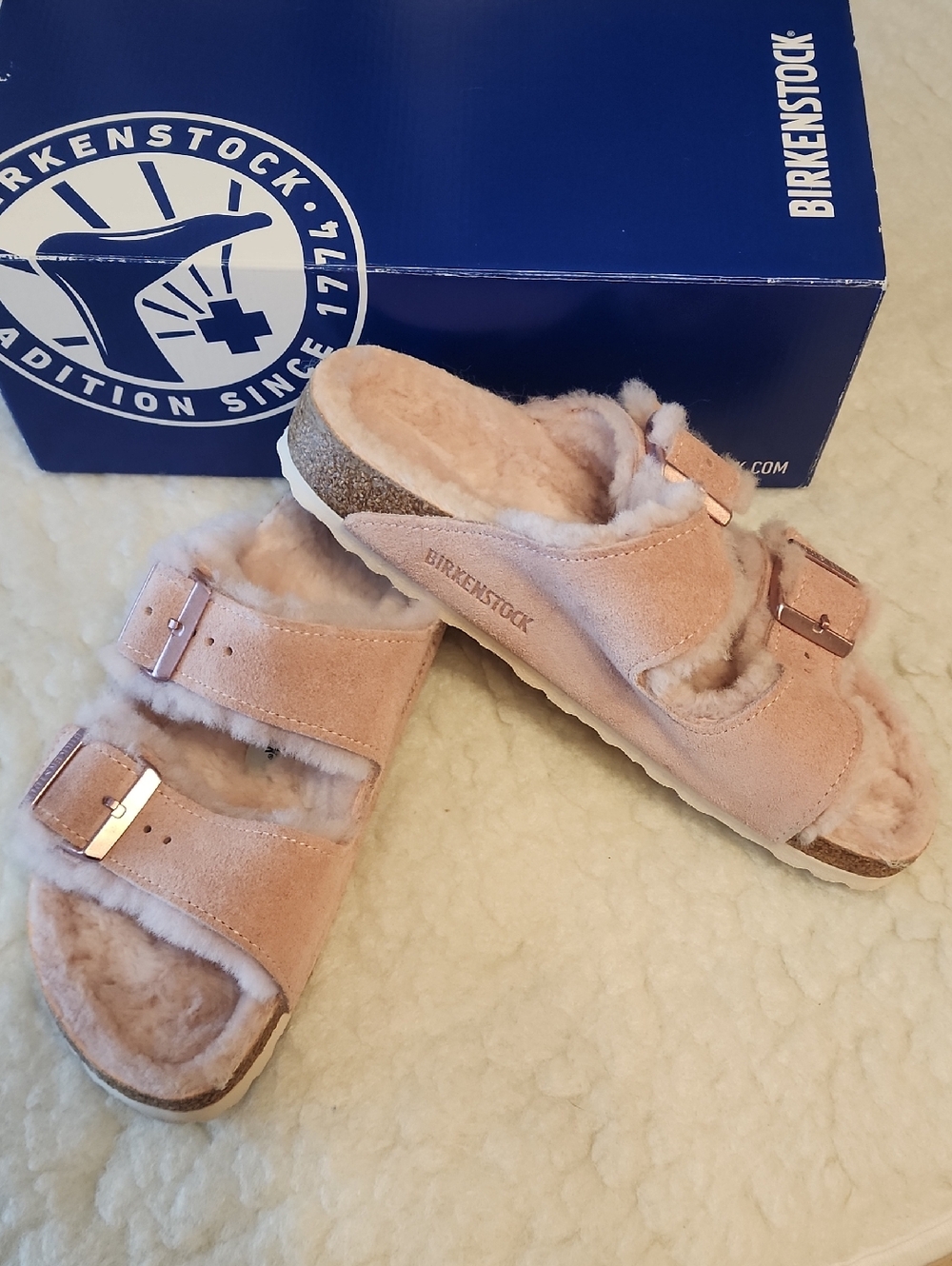 Birkenstock Arizona Shearling Lambskin Lined Slides Light Rose Sz 7 - Picture 4 of 7